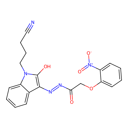 N'-[(3E)-1-(3-cyanopropyl)-2-oxo-1,2-dihydro-3H-indol-3-ylidene]-2-(2-nitrophenoxy)acetohydrazide structure