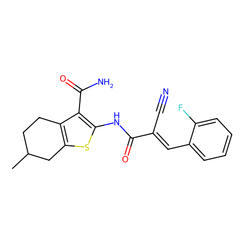 (E)-2-(2-cyano-3-(2-fluorophenyl)acrylamido)-6-methyl-4,5,6,7-tetrahydrobenzo[b]thiophene-3-carboxamide structure