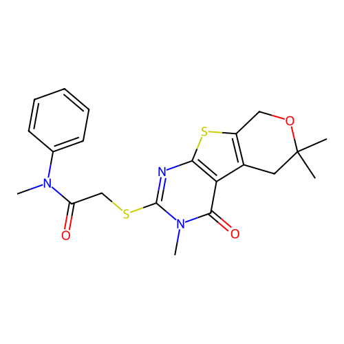 N-methyl-N-phenyl-2-((3,6,6-trimethyl-4-oxo-4,5,6,8-tetrahydro-3H-pyrano[4',3':4,5]thieno[2,3-d]pyrimidin-2-yl)thio)acetamide structure
