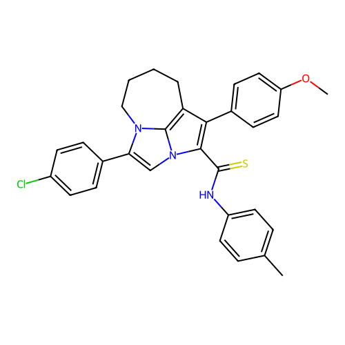 4-(4-chlorophenyl)-1-(4-methoxyphenyl)-N-(4-methylphenyl)-5,6,7,8-tetrahydro-2a,4a-diazacyclopenta[cd]azulene-2-carbothioamide structure
