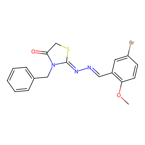 (Z)-3-benzyl-2-((E)-(5-bromo-2-methoxybenzylidene)hydrazono)thiazolidin-4-one structure