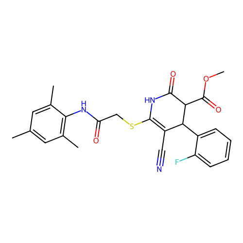 METHYL 5-CYANO-4-(2-FLUOROPHENYL)-2-OXO-6-({[(2,4,6-TRIMETHYLPHENYL)CARBAMOYL]METHYL}SULFANYL)-1,2,3,4-TETRAHYDROPYRIDINE-3-CARBOXYLATE structure