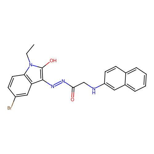 N'-[(3Z)-5-bromo-1-ethyl-2-oxo-1,2-dihydro-3H-indol-3-ylidene]-2-(naphthalen-2-ylamino)acetohydrazide (non-preferred name) structure