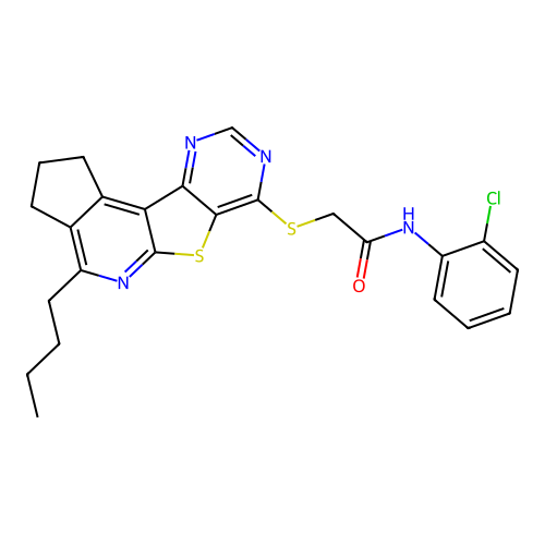 2-((4-butyl-2,3-dihydro-1H-cyclopenta[4',5']pyrido[3',2':4,5]thieno[3,2-d]pyrimidin-7-yl)thio)-N-(2-chlorophenyl)acetamide structure
