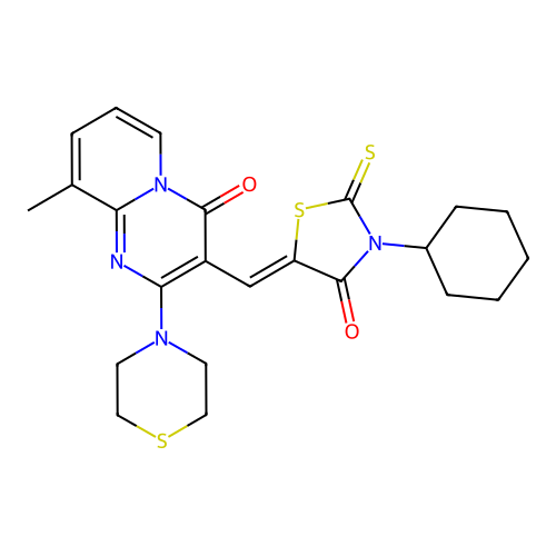 3-[(Z)-(3-cyclohexyl-4-oxo-2-thioxo-1,3-thiazolidin-5-ylidene)methyl]-9-methyl-2-(thiomorpholin-4-yl)-4H-pyrido[1,2-a]pyrimidin-4-one structure