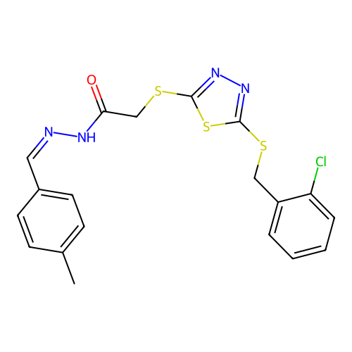 2-[[5-[(2-chlorophenyl)methylsulfanyl]-1,3,4-thiadiazol-2-yl]sulfanyl]-N-[(E)-(4-methylphenyl)methylideneamino]acetamide structure