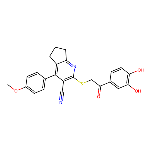 2-((2-(3,4-dihydroxyphenyl)-2-oxoethyl)thio)-4-(4-methoxyphenyl)-6,7-dihydro-5H-cyclopenta[b]pyridine-3-carbonitrile structure