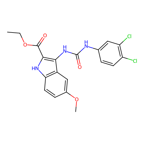 ethyl 3-{[(3,4-dichlorophenyl)carbamoyl]amino}-5-methoxy-1H-indole-2-carboxylate structure