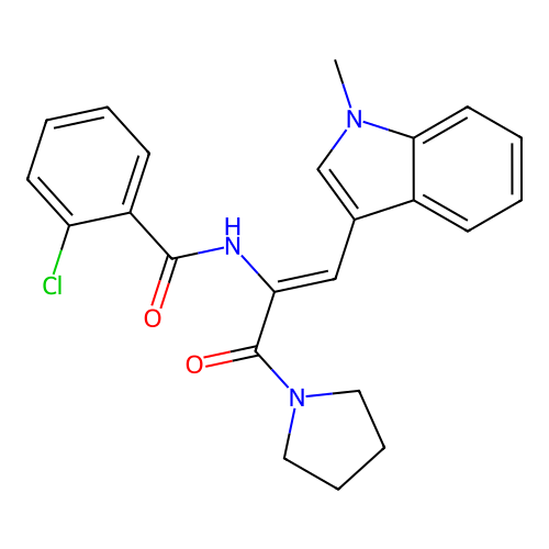2-chloro-N-[(Z)-1-(1-methylindol-3-yl)-3-oxo-3-pyrrolidin-1-ylprop-1-en-2-yl]benzamide structure
