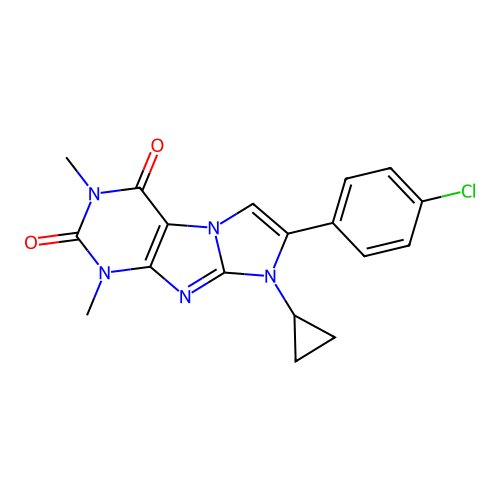 7-(4-chlorophenyl)-8-cyclopropyl-1,3-dimethyl-1H-imidazo[2,1-f]purine-2,4(3H,8H)-dione structure