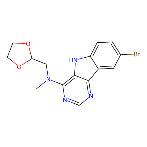 8-bromo-N-(1,3-dioxolan-2-ylmethyl)-N-methyl-5H-pyrimido[5,4-b]indol-4-amine structure
