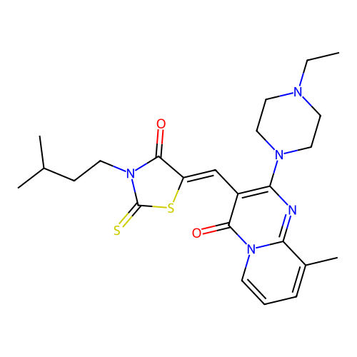 2-(4-ethylpiperazin-1-yl)-9-methyl-3-{(Z)-[3-(3-methylbutyl)-4-oxo-2-thioxo-1,3-thiazolidin-5-ylidene]methyl}-4H-pyrido[1,2-a]pyrimidin-4-one structure