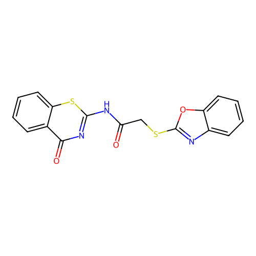2-(1,3-benzoxazol-2-ylsulfanyl)-N-(4-oxo-1,3-benzothiazin-2-yl)acetamide structure