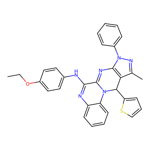 N-(4-ethoxyphenyl)-10-methyl-8-phenyl-11-(thiophen-2-yl)-8,11-dihydropyrazolo[3',4':4,5]pyrimido[1,2-a]quinoxalin-6-amine structure