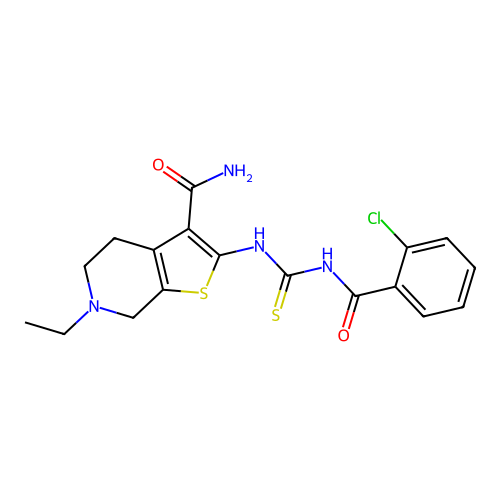 2-({[(2-chlorophenyl)carbonyl]carbamothioyl}amino)-6-ethyl-4,5,6,7-tetrahydrothieno[2,3-c]pyridine-3-carboxamide structure