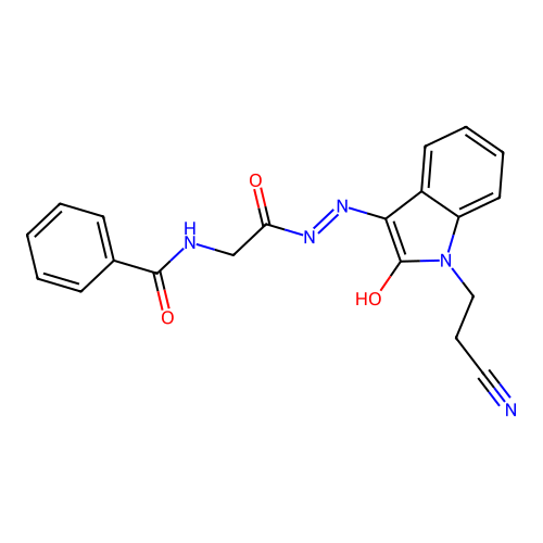 (Z)-N-(2-(2-(1-(2-cyanoethyl)-2-oxoindolin-3-ylidene)hydrazinyl)-2-oxoethyl)benzamide structure