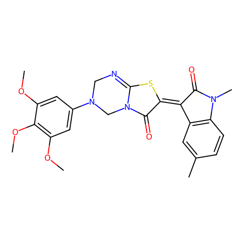 (7Z)-7-(1,5-dimethyl-2-oxo-1,2-dihydro-3H-indol-3-ylidene)-3-(3,4,5-trimethoxyphenyl)-3,4-dihydro-2H-[1,3]thiazolo[3,2-a][1,3,5]triazin-6(7H)-one structure