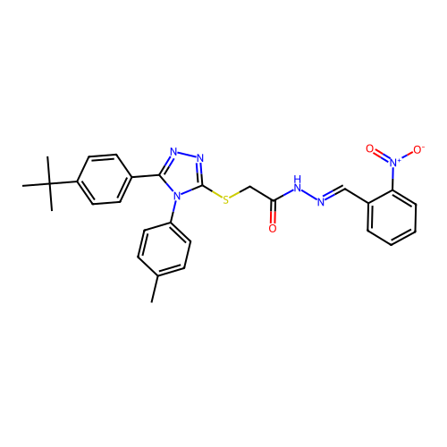(E)-2-((5-(4-(tert-butyl)phenyl)-4-(p-tolyl)-4H-1,2,4-triazol-3-yl)thio)-N'-(2-nitrobenzylidene)acetohydrazide structure