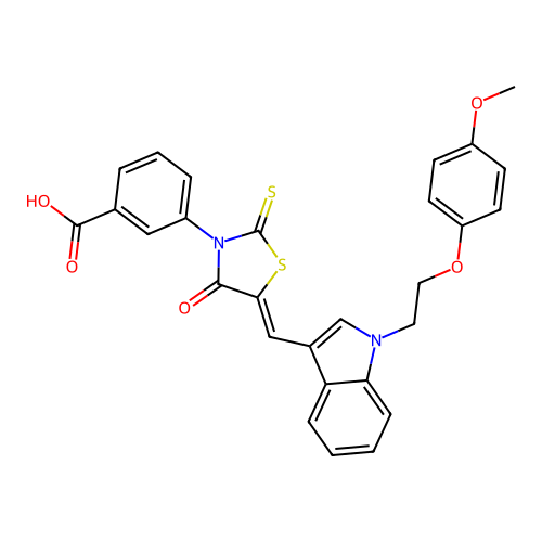 (Z)-3-(5-((1-(2-(4-methoxyphenoxy)ethyl)-1H-indol-3-yl)methylene)-4-oxo-2-thioxothiazolidin-3-yl)benzoic acid structure