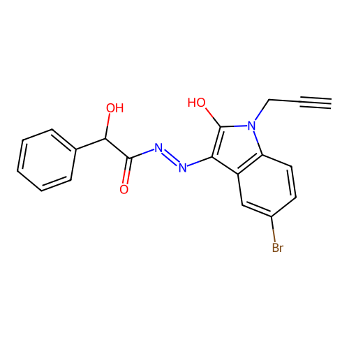 N-[(5-bromo-2-oxo-1-prop-2-ynylindol-3-ylidene)amino]-2-hydroxy-2-phenylacetamide structure
