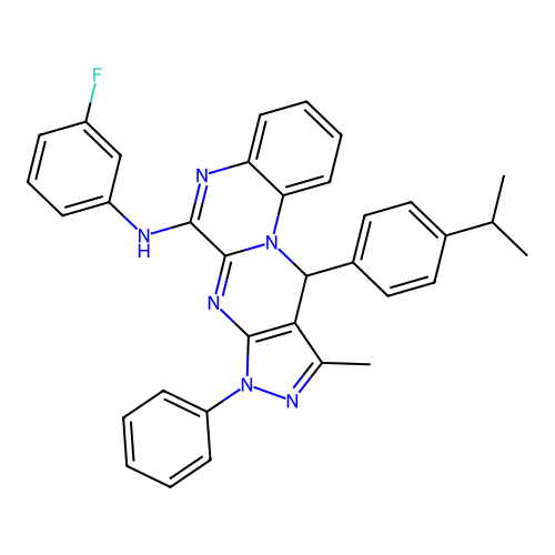 N-(3-fluorophenyl)-10-methyl-8-phenyl-11-[4-(propan-2-yl)phenyl]-8,11-dihydropyrazolo[3',4':4,5]pyrimido[1,2-a]quinoxalin-6-amine structure