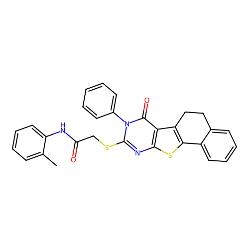2-((7-oxo-8-phenyl-5,6,7,8-tetrahydronaphtho[2',1':4,5]thieno[2,3-d]pyrimidin-9-yl)thio)-N-(o-tolyl)acetamide structure