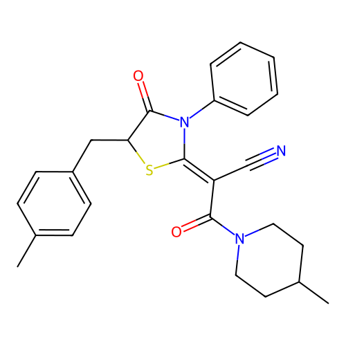 (2Z)-2-[5-(4-methylbenzyl)-4-oxo-3-phenyl-1,3-thiazolidin-2-ylidene]-3-(4-methylpiperidin-1-yl)-3-oxopropanenitrile structure