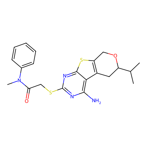 2-((4-amino-6-isopropyl-6,8-dihydro-5H-pyrano[4',3':4,5]thieno[2,3-d]pyrimidin-2-yl)thio)-N-methyl-N-phenylacetamide structure