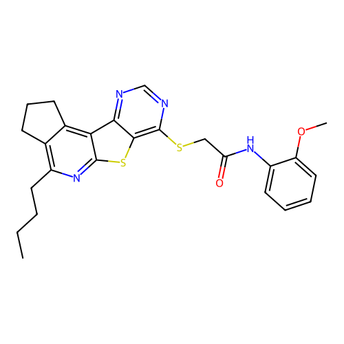 2-((4-butyl-2,3-dihydro-1H-cyclopenta[4',5']pyrido[3',2':4,5]thieno[3,2-d]pyrimidin-7-yl)thio)-N-(2-methoxyphenyl)acetamide structure