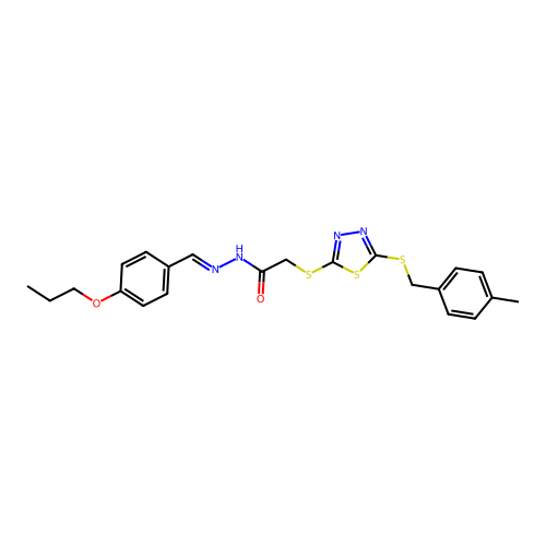2-({5-[(4-methylbenzyl)sulfanyl]-1,3,4-thiadiazol-2-yl}sulfanyl)-N'-[(E)-(4-propoxyphenyl)methylidene]acetohydrazide structure