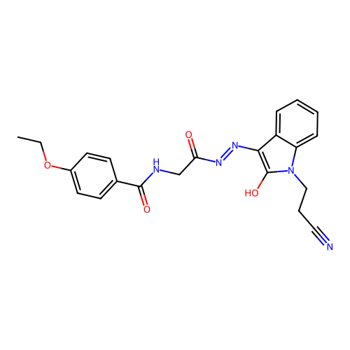 N-[2-[2-[1-(2-cyanoethyl)-2-oxoindol-3-ylidene]hydrazinyl]-2-oxoethyl]-4-ethoxybenzamide structure