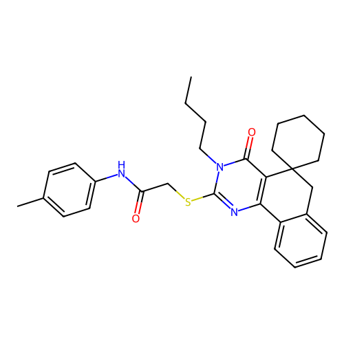 2-((3-butyl-4-oxo-4,6-dihydro-3H-spiro[benzo[h]quinazoline-5,1'-cyclohexan]-2-yl)thio)-N-(p-tolyl)acetamide structure