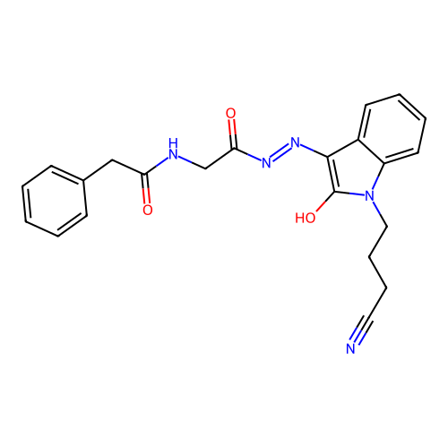 N-[2-[2-[1-(3-cyanopropyl)-2-oxoindol-3-ylidene]hydrazinyl]-2-oxoethyl]-2-phenylacetamide structure