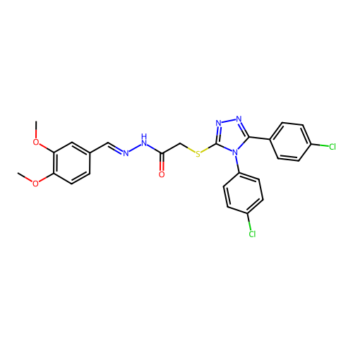 (E)-2-((4,5-bis(4-chlorophenyl)-4H-1,2,4-triazol-3-yl)thio)-N'-(3,4-dimethoxybenzylidene)acetohydrazide structure