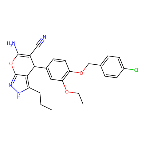 6-amino-4-{4-[(4-chlorobenzyl)oxy]-3-ethoxyphenyl}-3-propyl-1,4-dihydropyrano[2,3-c]pyrazole-5-carbonitrile structure