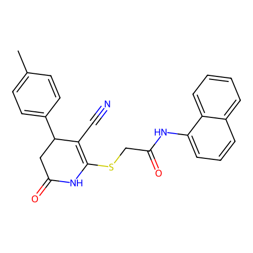 2-((3-cyano-6-oxo-4-(p-tolyl)-1,4,5,6-tetrahydropyridin-2-yl)thio)-N-(naphthalen-1-yl)acetamide structure