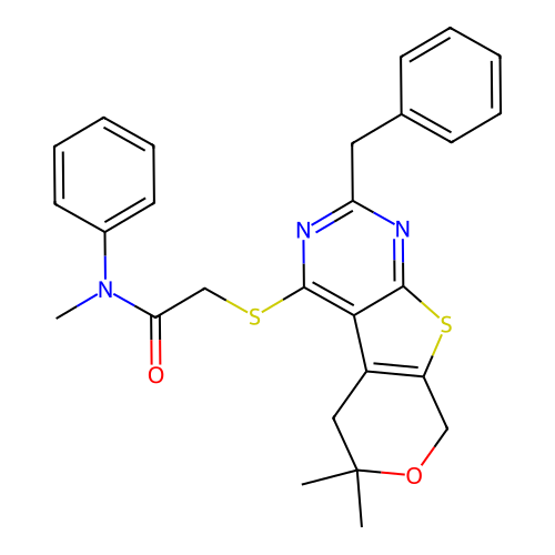 2-((2-benzyl-6,6-dimethyl-6,8-dihydro-5H-pyrano[4',3':4,5]thieno[2,3-d]pyrimidin-4-yl)thio)-N-methyl-N-phenylacetamide structure
