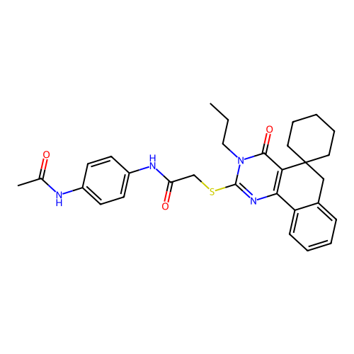 N-(4-acetamidophenyl)-2-((4-oxo-3-propyl-4,6-dihydro-3H-spiro[benzo[h]quinazoline-5,1'-cyclohexan]-2-yl)thio)acetamide structure