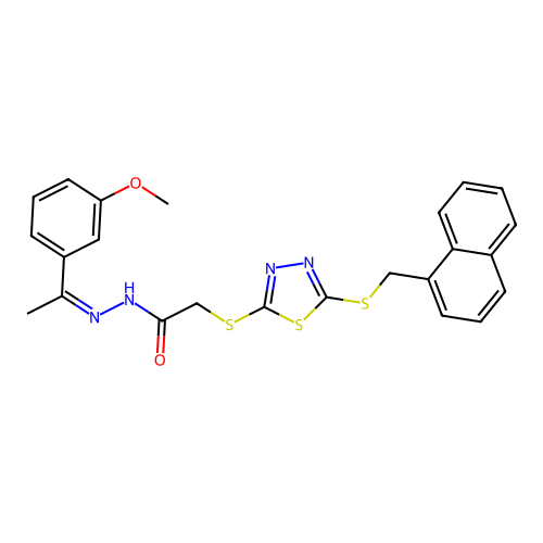 (Z)-N'-(1-(3-methoxyphenyl)ethylidene)-2-((5-((naphthalen-1-ylmethyl)thio)-1,3,4-thiadiazol-2-yl)thio)acetohydrazide structure