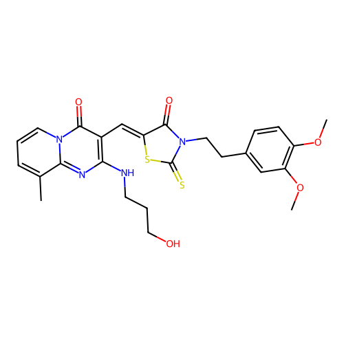 3-[(Z)-{3-[2-(3,4-dimethoxyphenyl)ethyl]-4-oxo-2-thioxo-1,3-thiazolidin-5-ylidene}methyl]-2-[(3-hydroxypropyl)amino]-9-methyl-4H-pyrido[1,2-a]pyrimidin-4-one structure