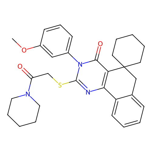 3-(3-methoxyphenyl)-2-((2-oxo-2-(piperidin-1-yl)ethyl)thio)-3H-spiro[benzo[h]quinazoline-5,1'-cyclohexan]-4(6H)-one structure