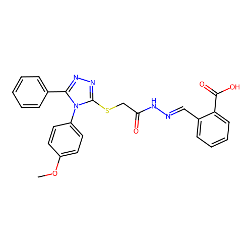 (E)-2-((2-(2-((4-(4-methoxyphenyl)-5-phenyl-4H-1,2,4-triazol-3-yl)thio)acetyl)hydrazono)methyl)benzoic acid structure