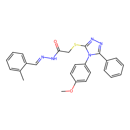 (E)-2-((4-(4-methoxyphenyl)-5-phenyl-4H-1,2,4-triazol-3-yl)thio)-N'-(2-methylbenzylidene)acetohydrazide structure