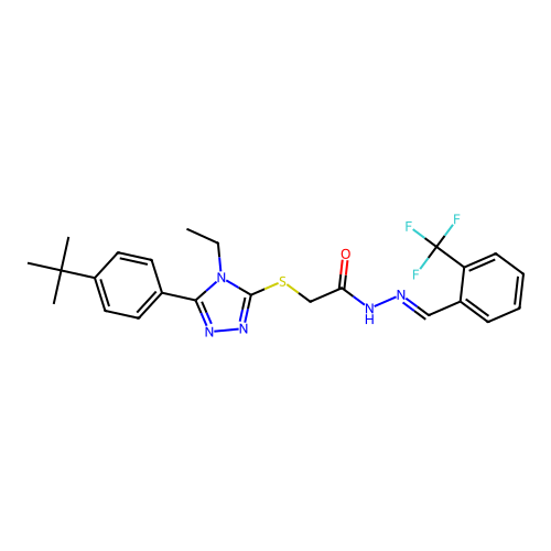 2-{[5-(4-tert-butylphenyl)-4-ethyl-4H-1,2,4-triazol-3-yl]sulfanyl}-N'-{(E)-[2-(trifluoromethyl)phenyl]methylidene}acetohydrazide structure
