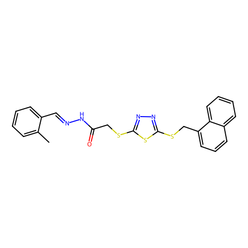 (E)-N'-(2-methylbenzylidene)-2-((5-((naphthalen-1-ylmethyl)thio)-1,3,4-thiadiazol-2-yl)thio)acetohydrazide structure