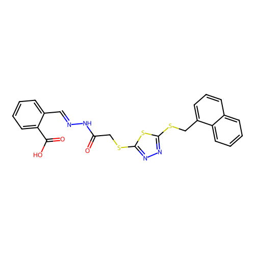 2-[(E)-{2-[({5-[(naphthalen-1-ylmethyl)sulfanyl]-1,3,4-thiadiazol-2-yl}sulfanyl)acetyl]hydrazinylidene}methyl]benzoic acid structure