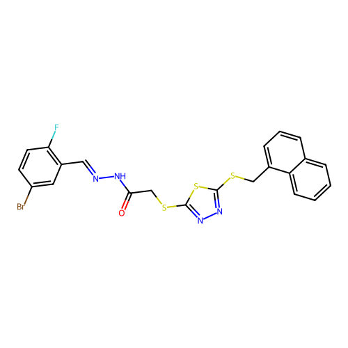 N'-[(E)-(5-bromo-2-fluorophenyl)methylidene]-2-({5-[(naphthalen-1-ylmethyl)sulfanyl]-1,3,4-thiadiazol-2-yl}sulfanyl)acetohydrazide structure