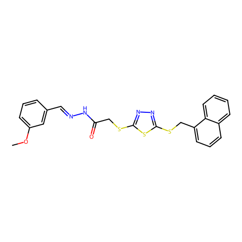 (E)-N'-(3-methoxybenzylidene)-2-((5-((naphthalen-1-ylmethyl)thio)-1,3,4-thiadiazol-2-yl)thio)acetohydrazide structure