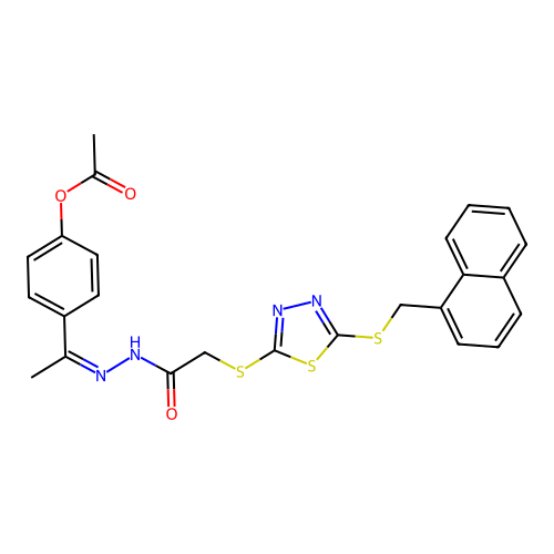 (Z)-4-(1-(2-(2-((5-((naphthalen-1-ylmethyl)thio)-1,3,4-thiadiazol-2-yl)thio)acetyl)hydrazono)ethyl)phenyl acetate structure