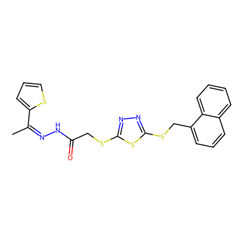 (Z)-2-((5-((naphthalen-1-ylmethyl)thio)-1,3,4-thiadiazol-2-yl)thio)-N'-(1-(thiophen-2-yl)ethylidene)acetohydrazide structure